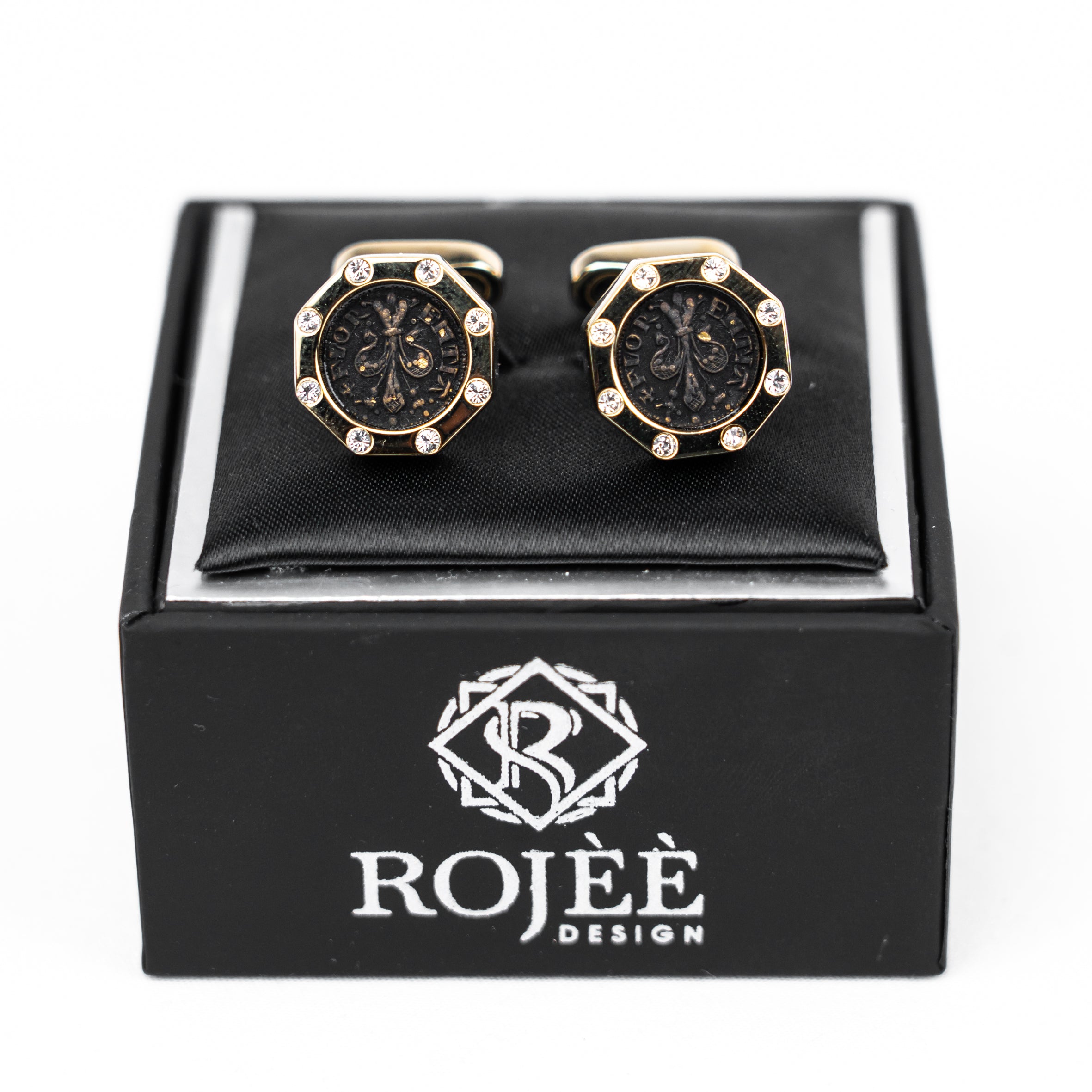 Manschettenknöpfe Herren Gold/ Schwarz mit Kristallbesatz Handmade in Italy