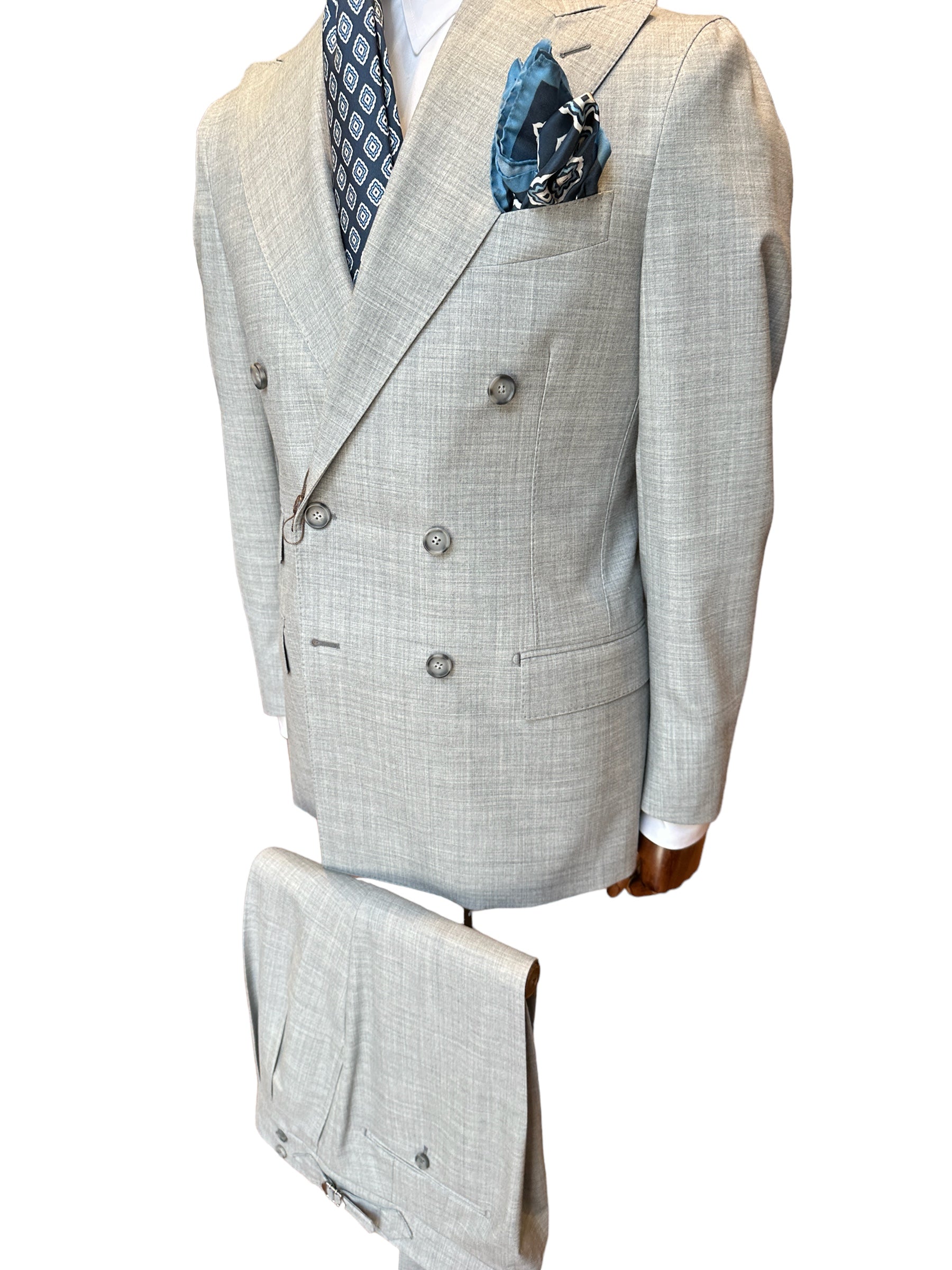 Double-breasted gray suit