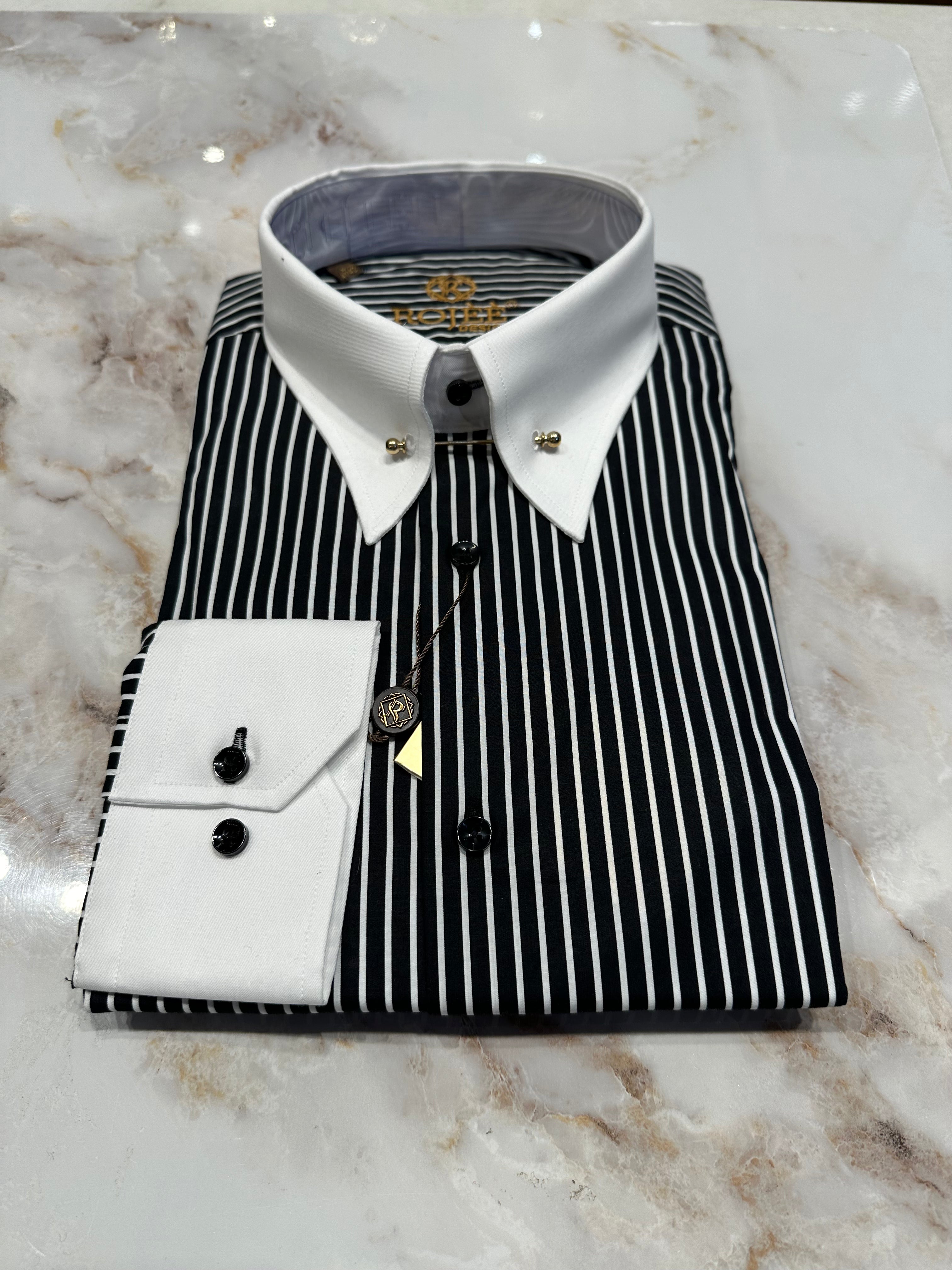 Black Striped Shirt / SHARK / POINTED COLLAR
