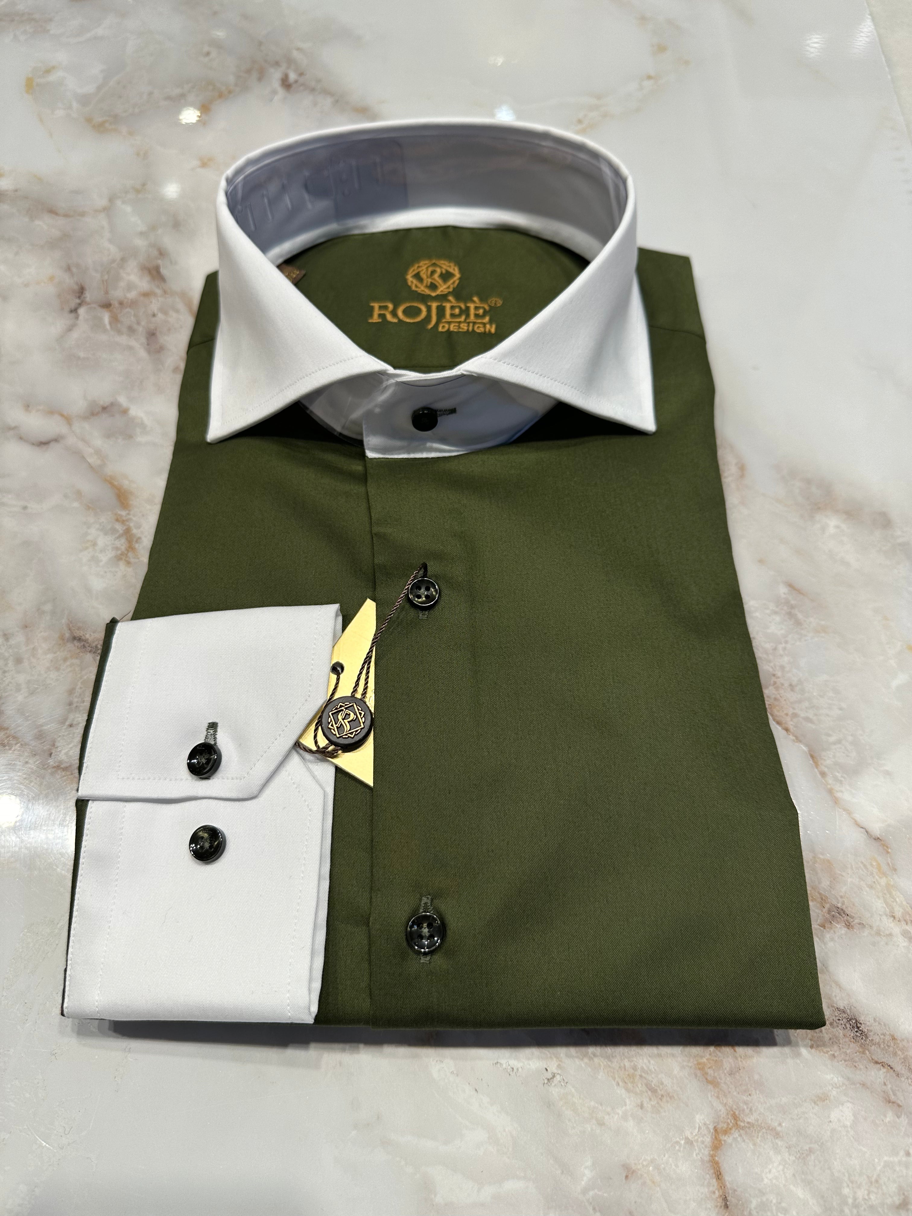 Khaki shirt with white collar / point collar / shark