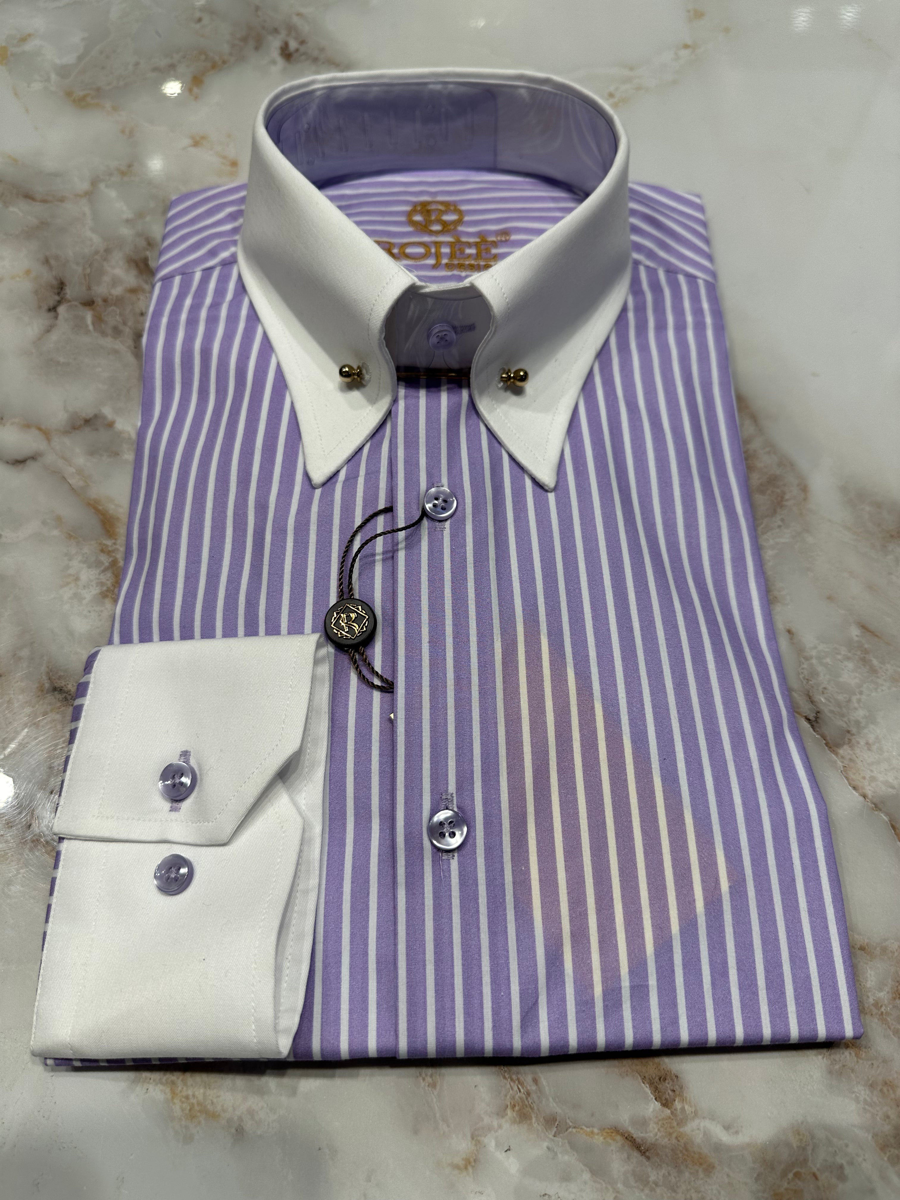 Lila - Weiß gestreiftes Hemd / Haifisch / Spitzkragen