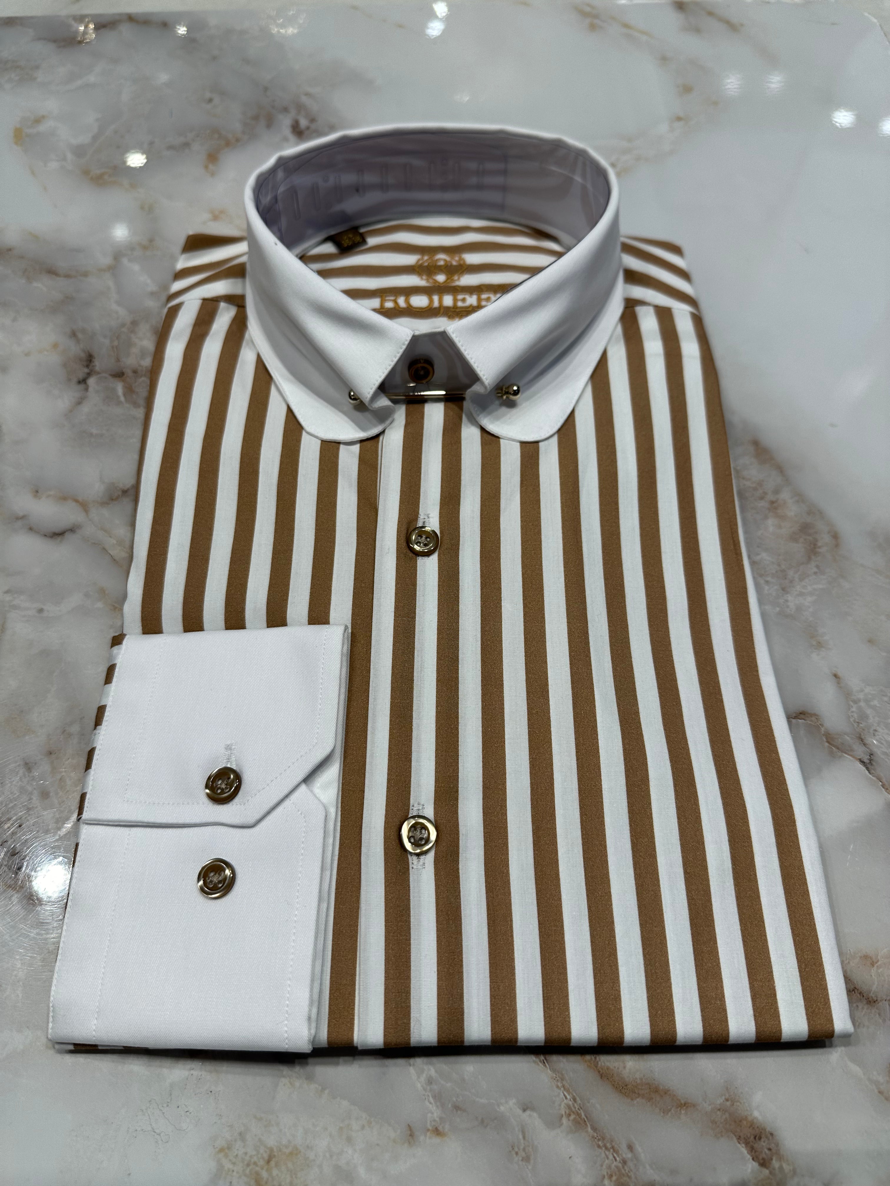 Beige - White Striped Shirt / Shark / Pointed Collar