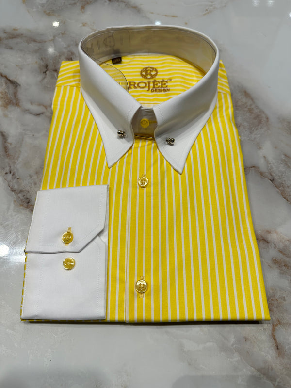 Gelbes- Weiß gestreiftes Hemd mit weißen Kragen / Haifisch / Spitzkragen