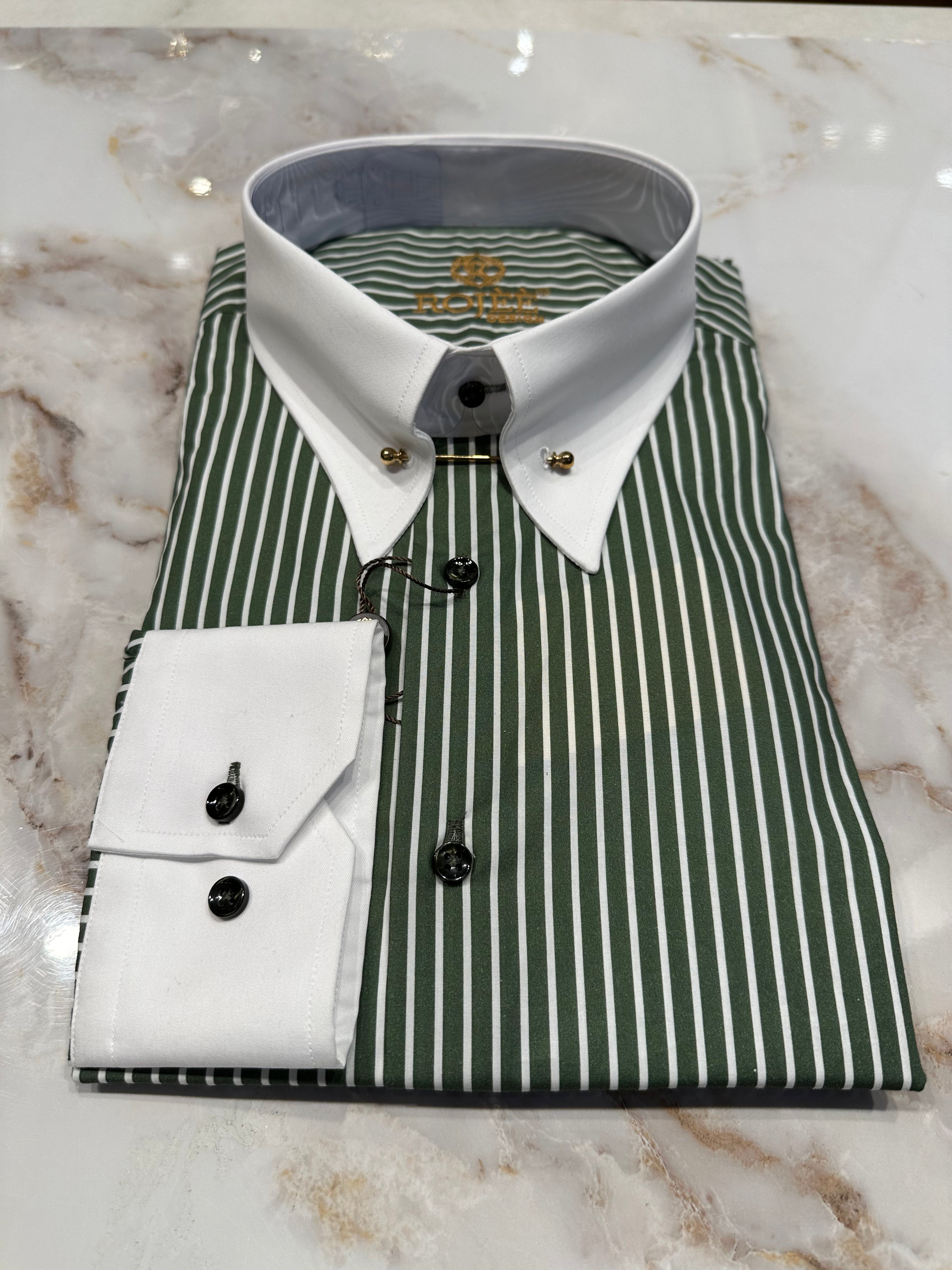 Dark Green - White Striped Shirt / Shark / Pointed Collar