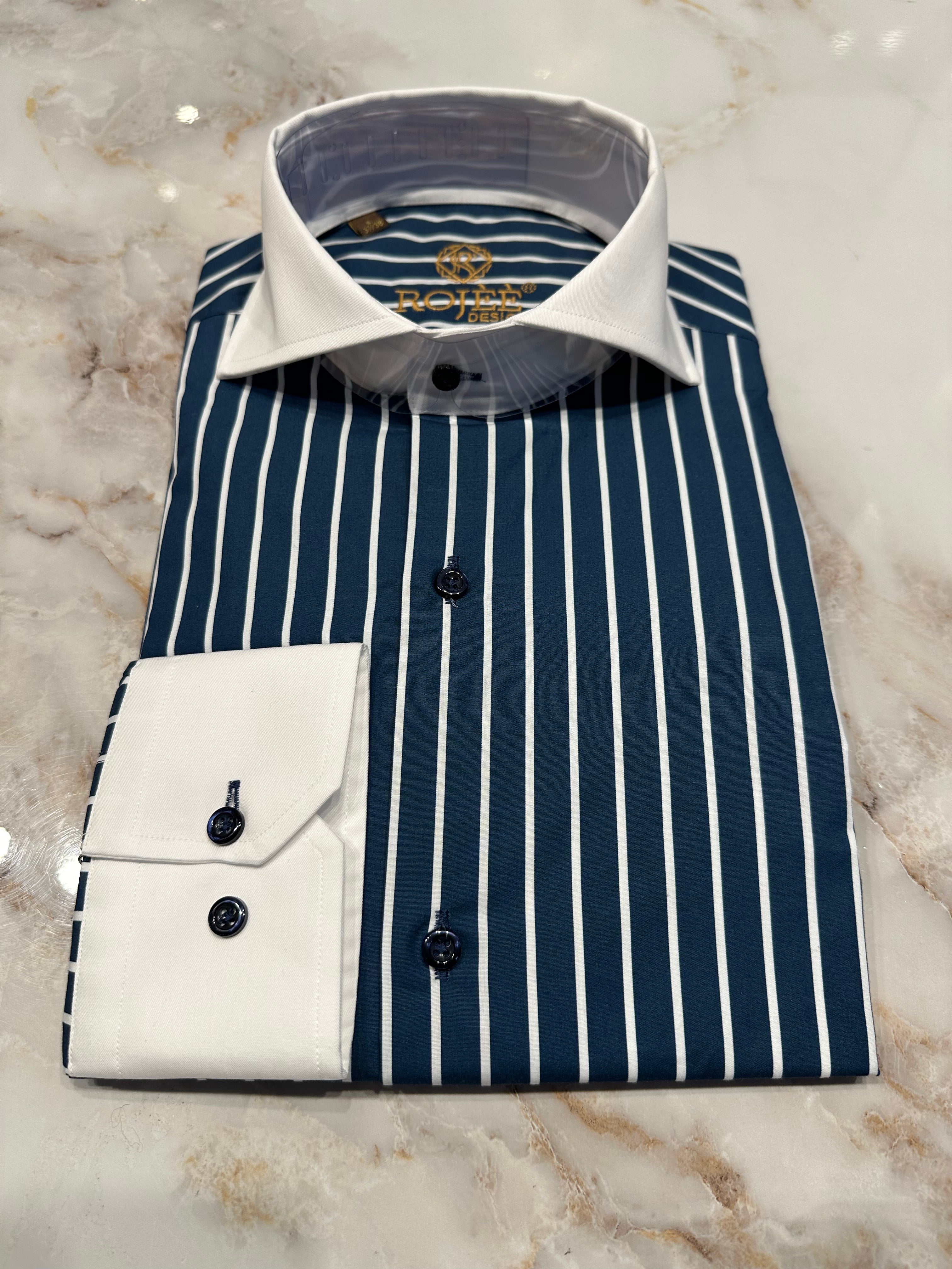 Dark blue striped shirt /FULL SHARK / SHARK / ROUND / POINTED COLLAR