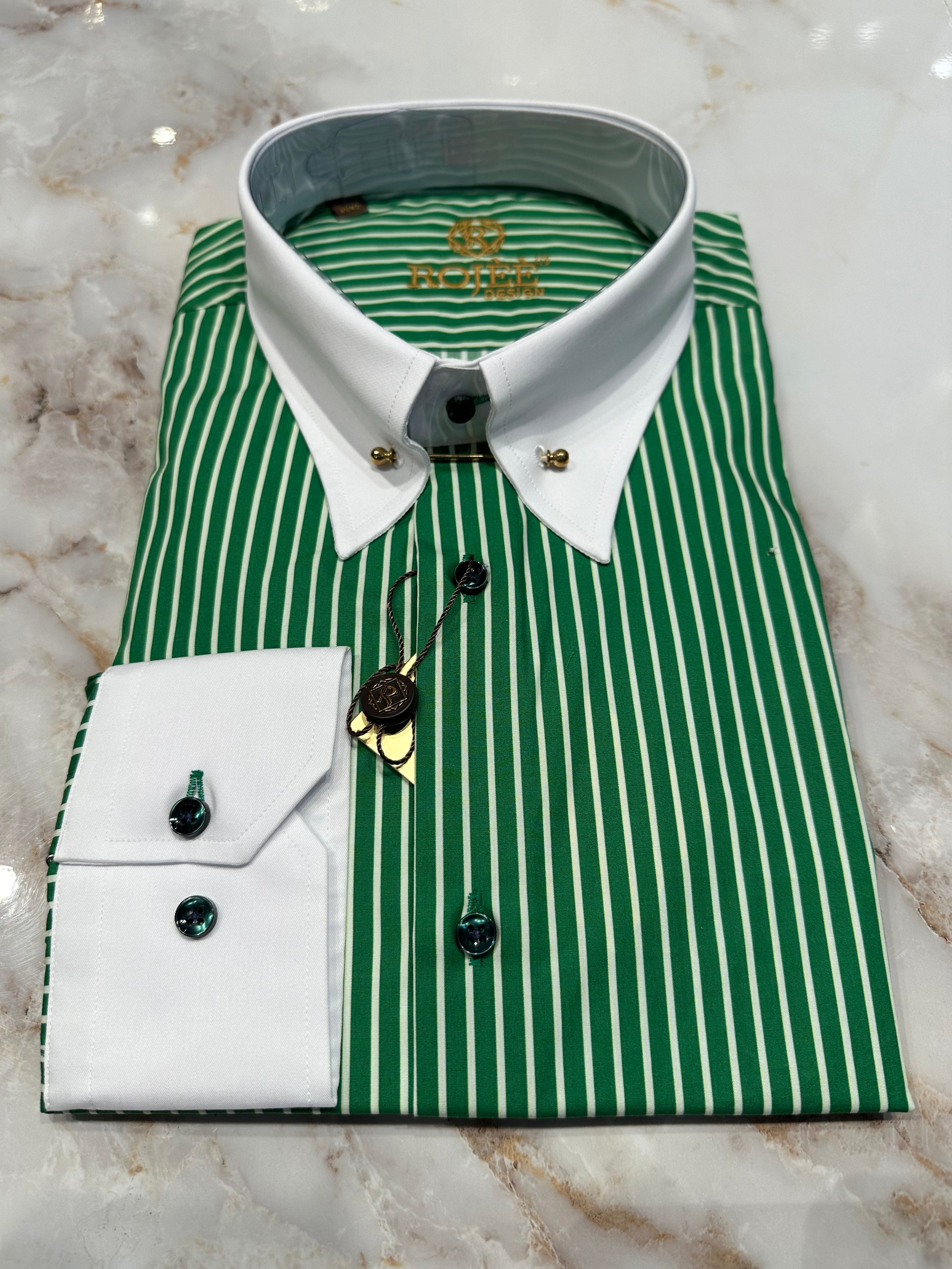 Green striped shirt / shark / point collar