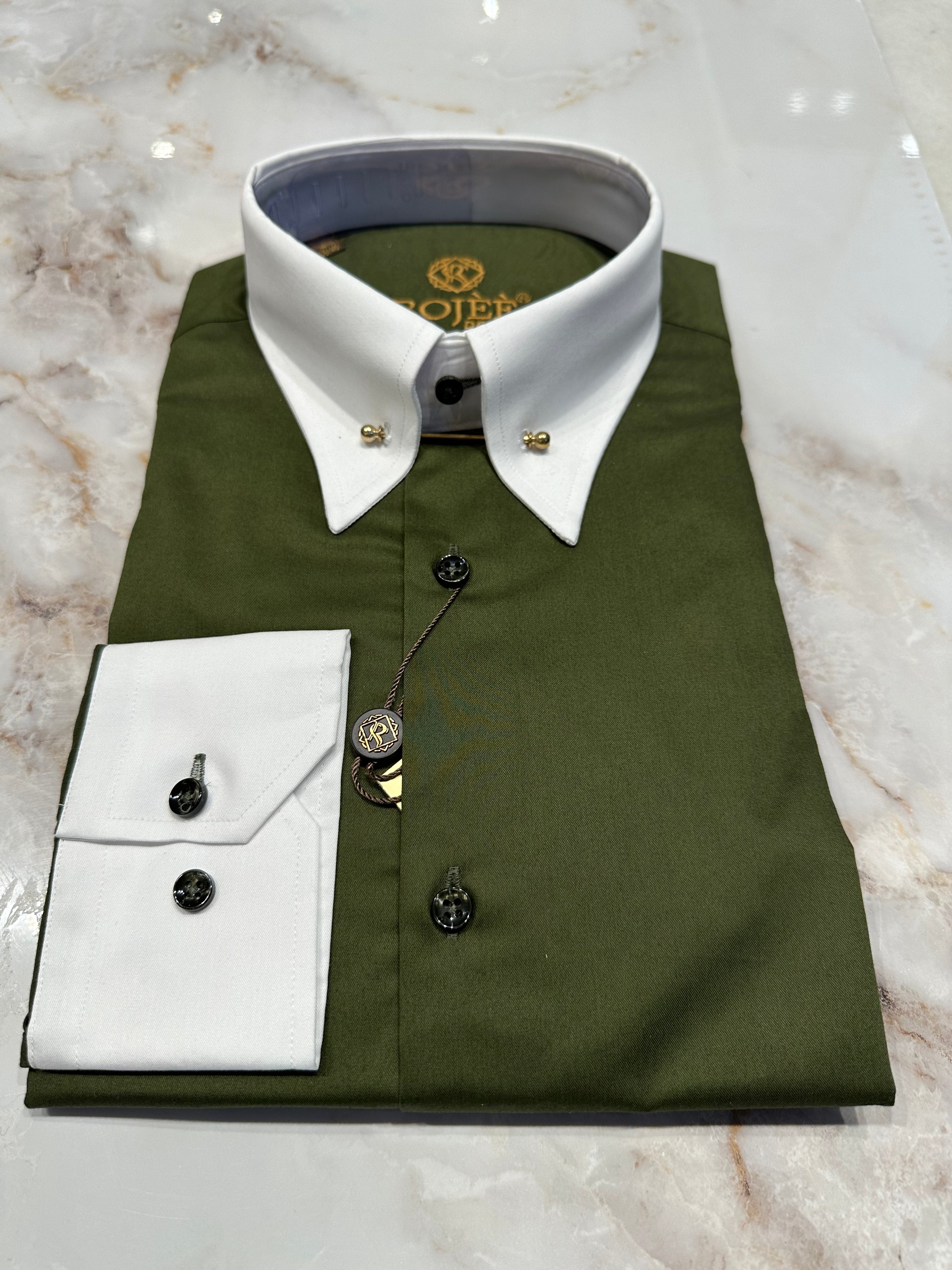 Khaki shirt with white collar / point collar / shark