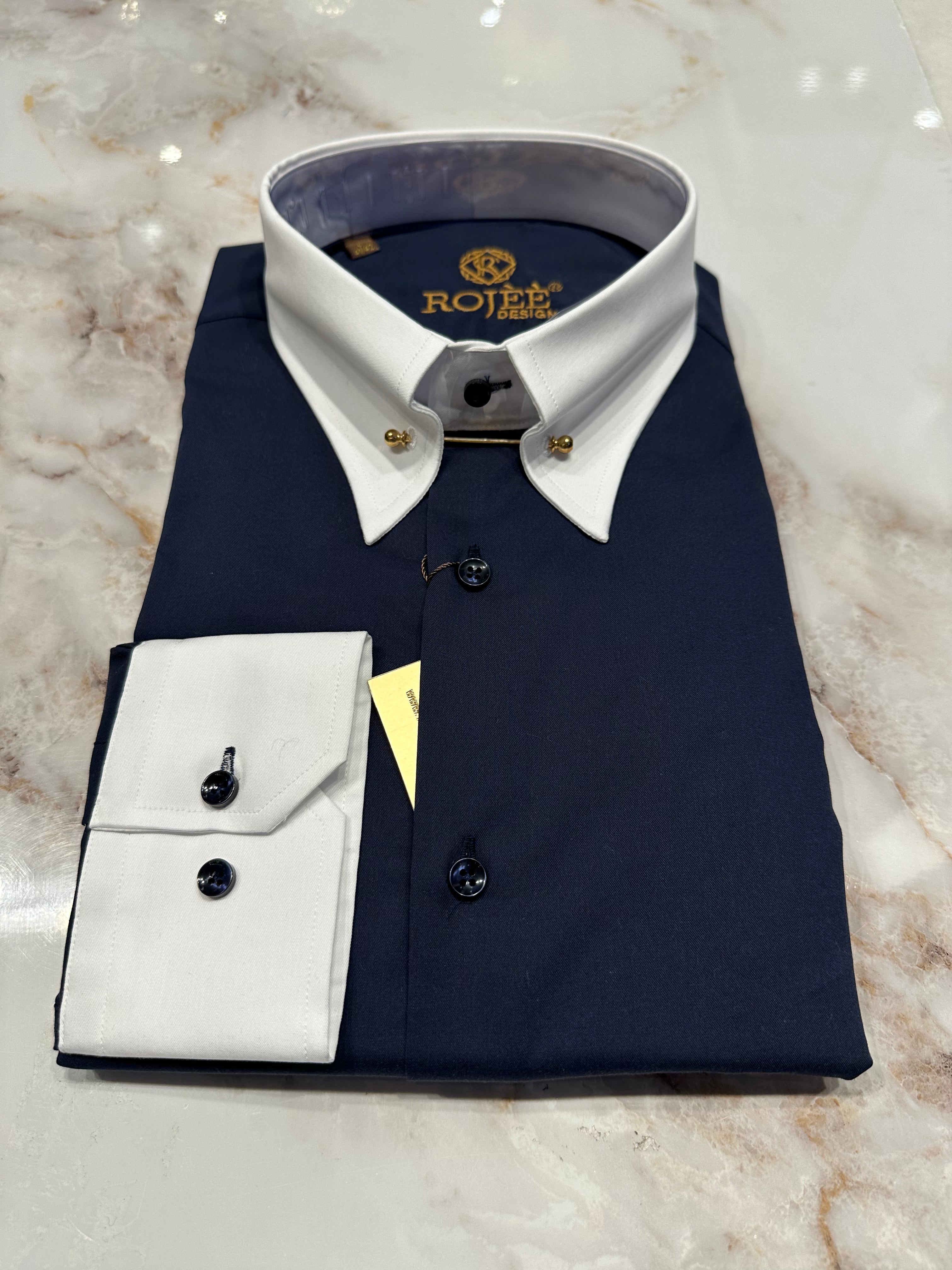 Dark blue shirt with white collar / shark / pointed collar