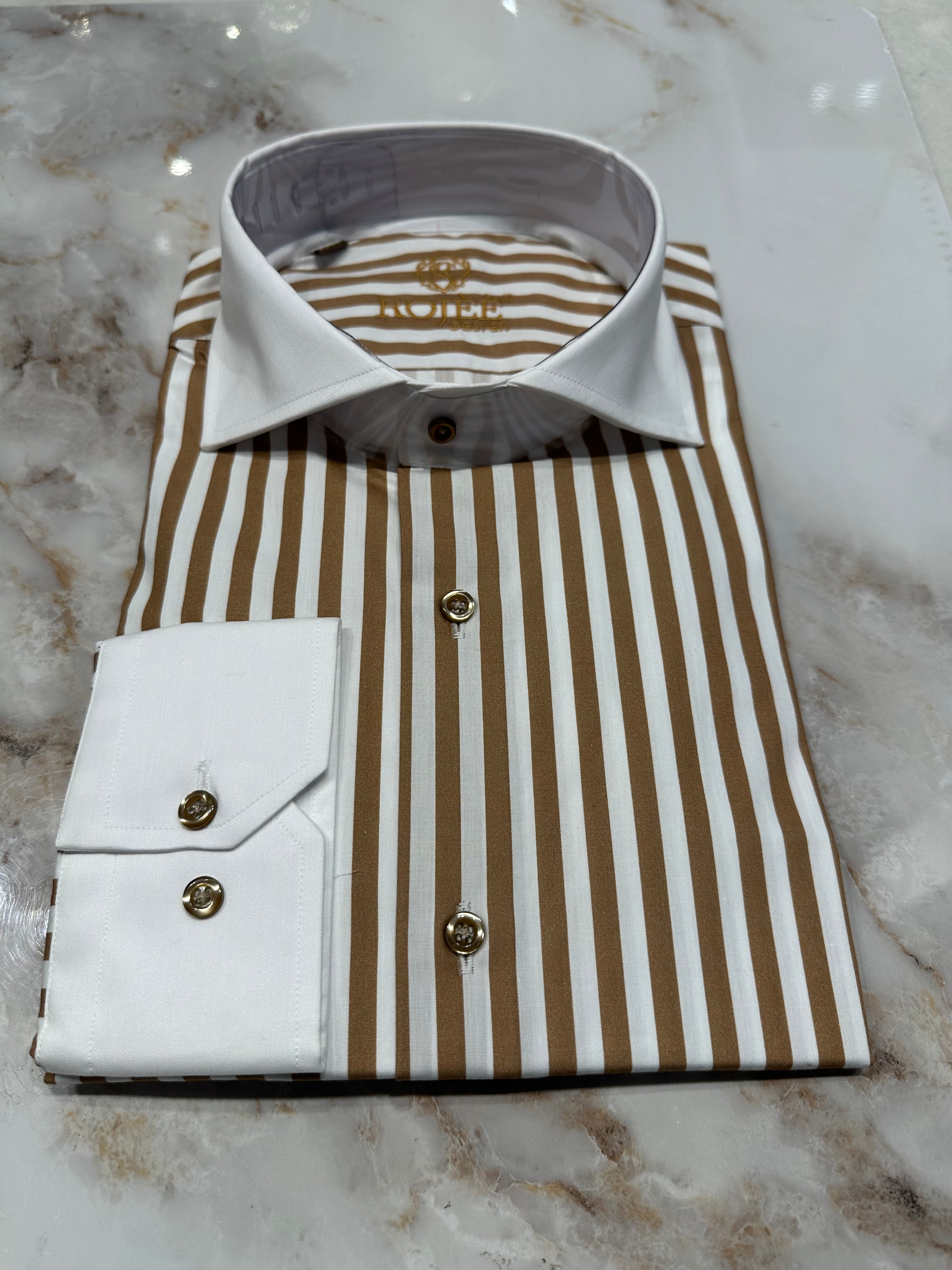 Beige - White Striped Shirt / Shark / Pointed Collar