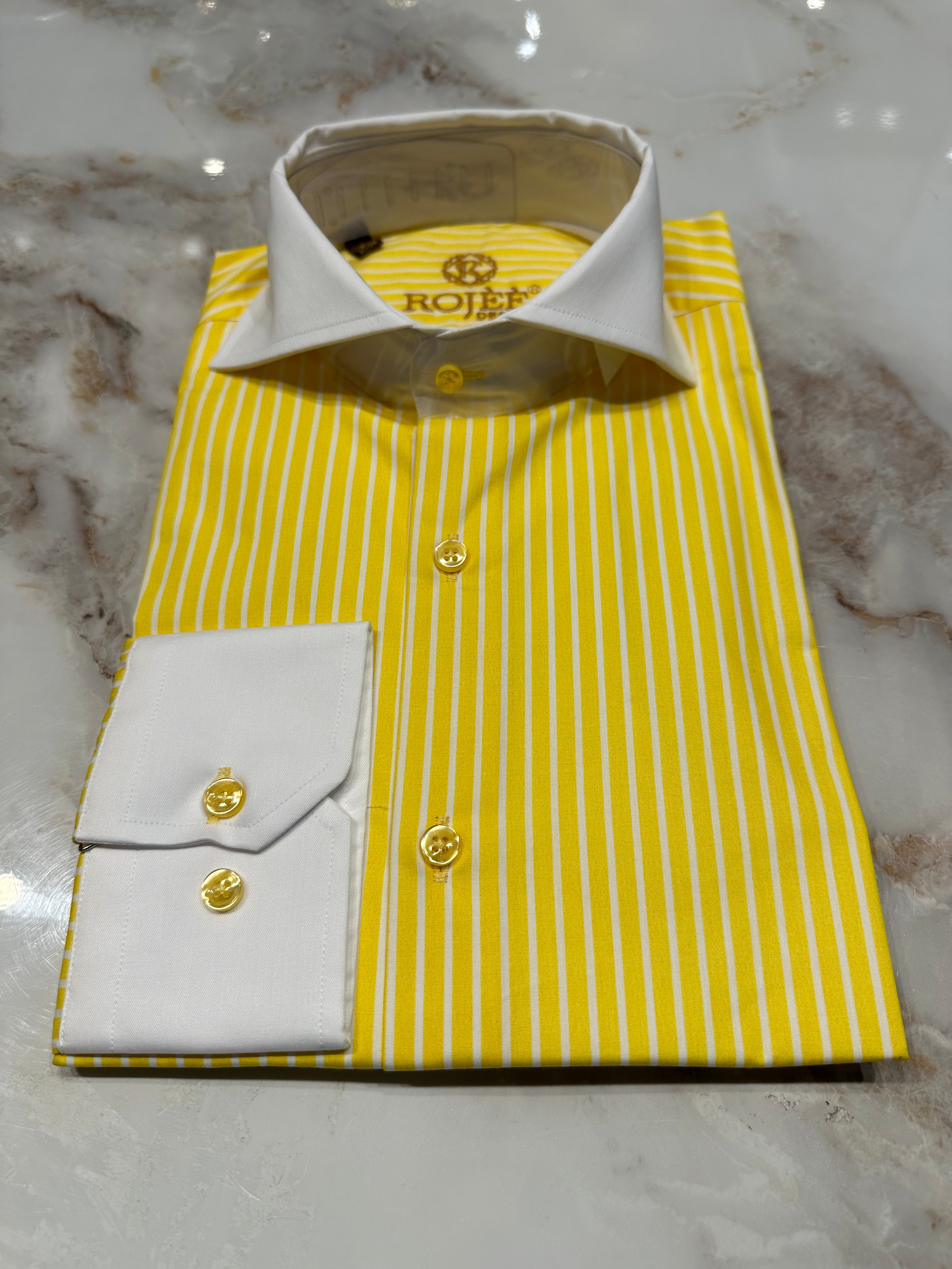 Yellow and white striped shirt with white collar / shark / pointed collar