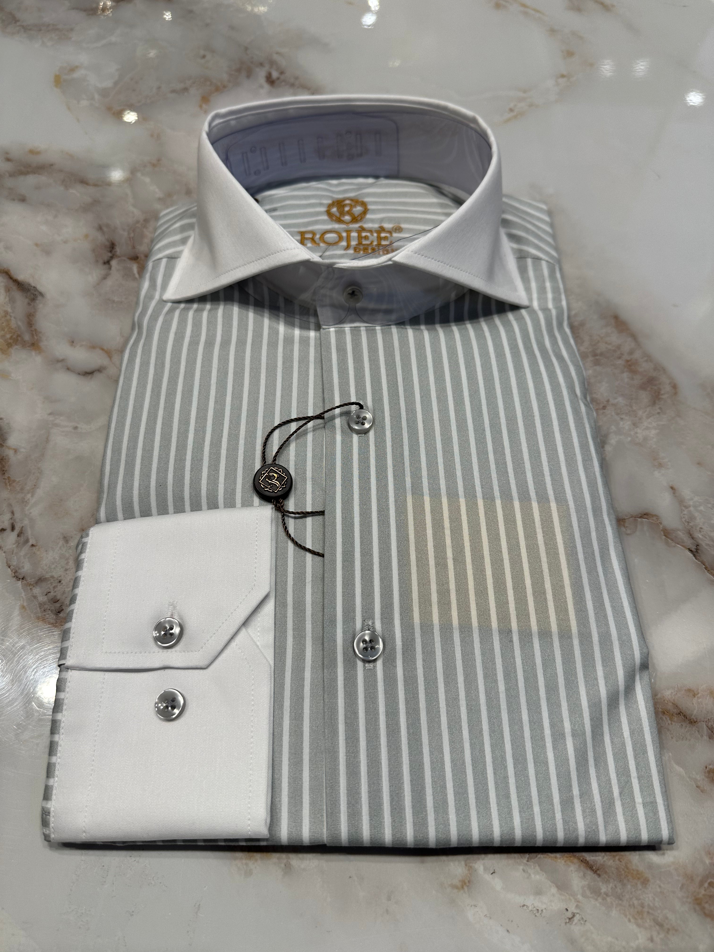 Grey - White Striped Shirt / Shark / Pointed Collar