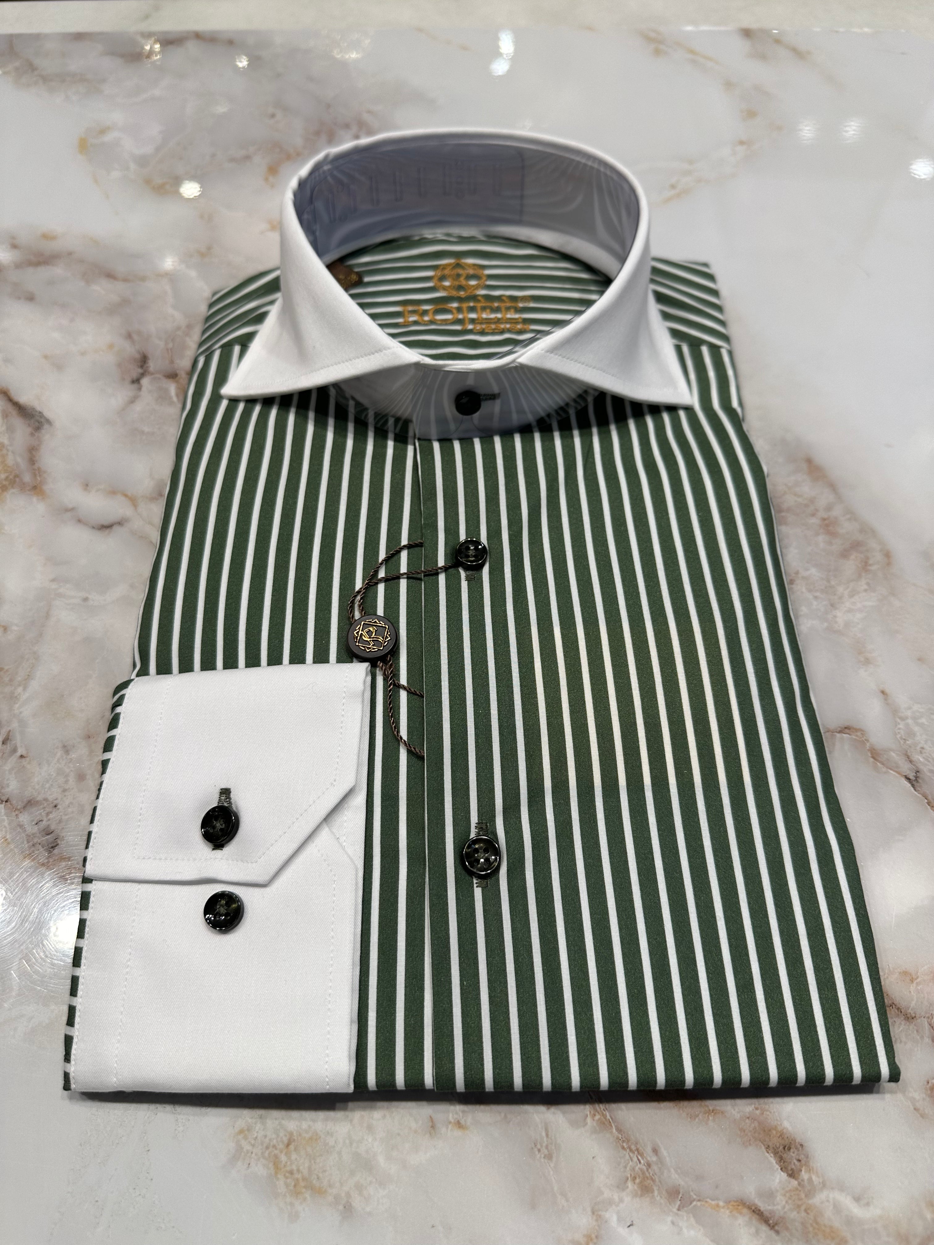 Dark Green - White Striped Shirt / Shark / Pointed Collar