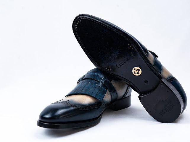 Firenze Slipper mit Fransen Blau Beige