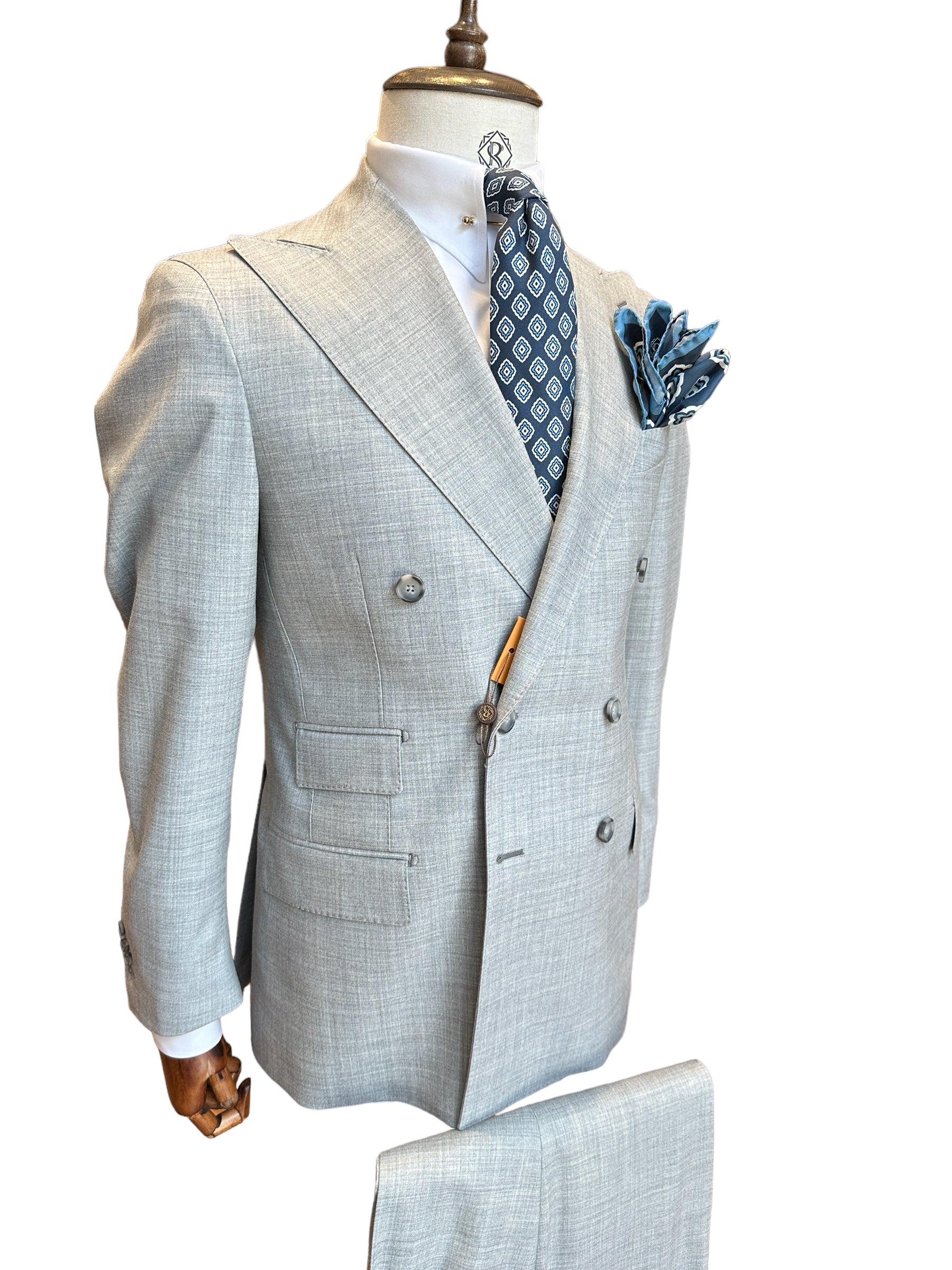 Double-breasted gray suit