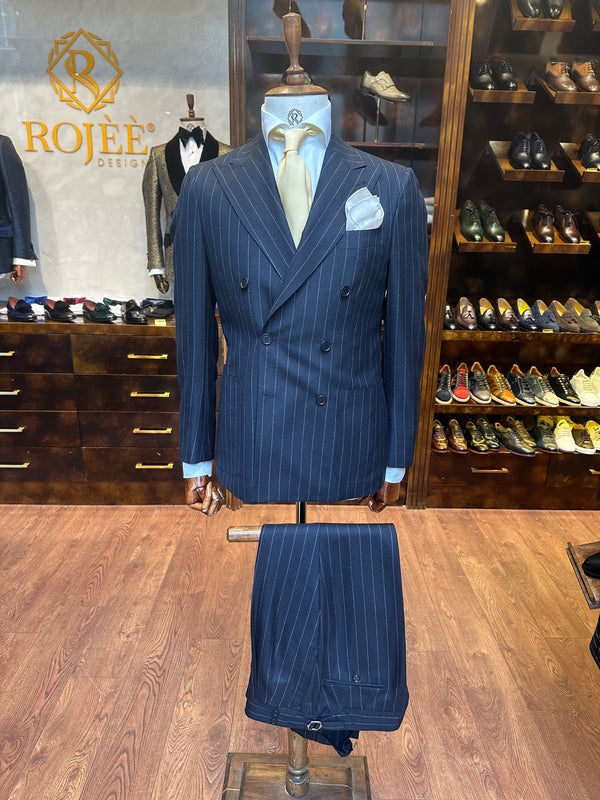 Suit double-breasted navy blue with blue pinstripes