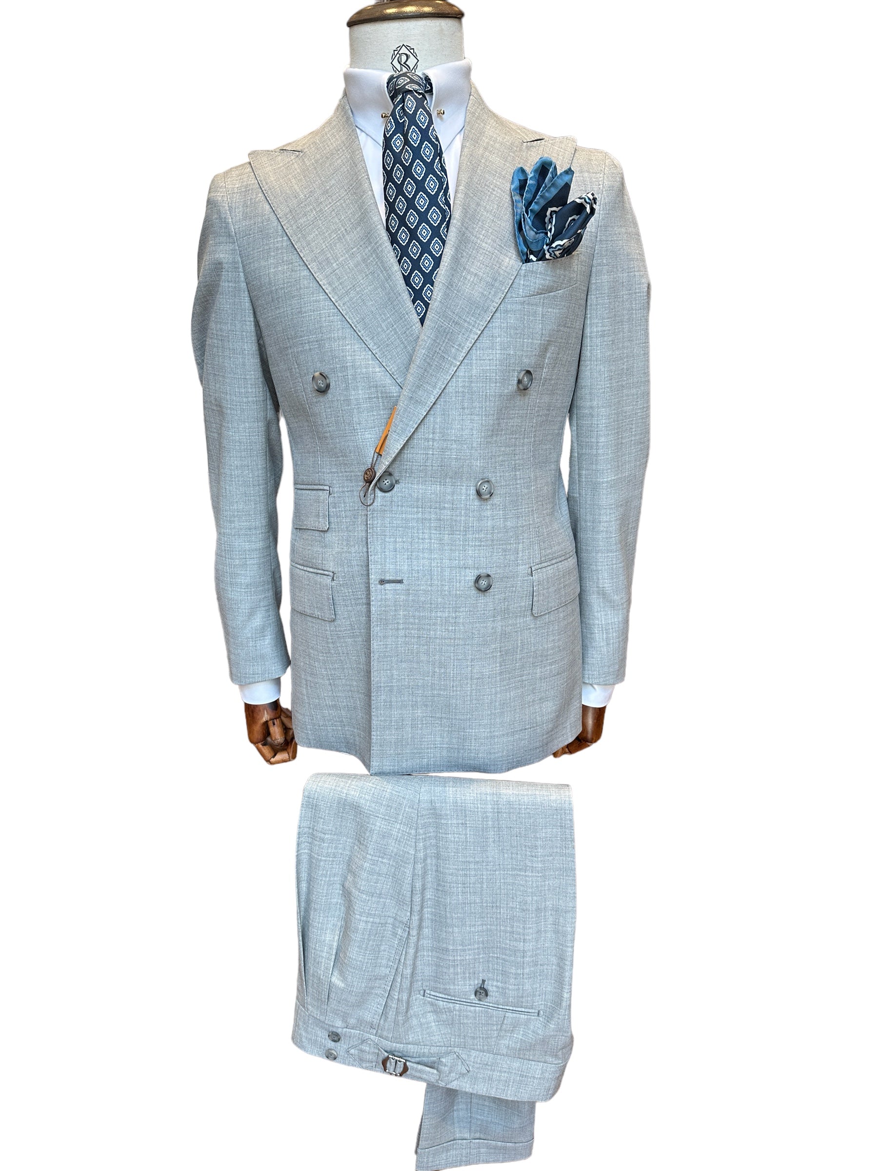Double-breasted gray suit