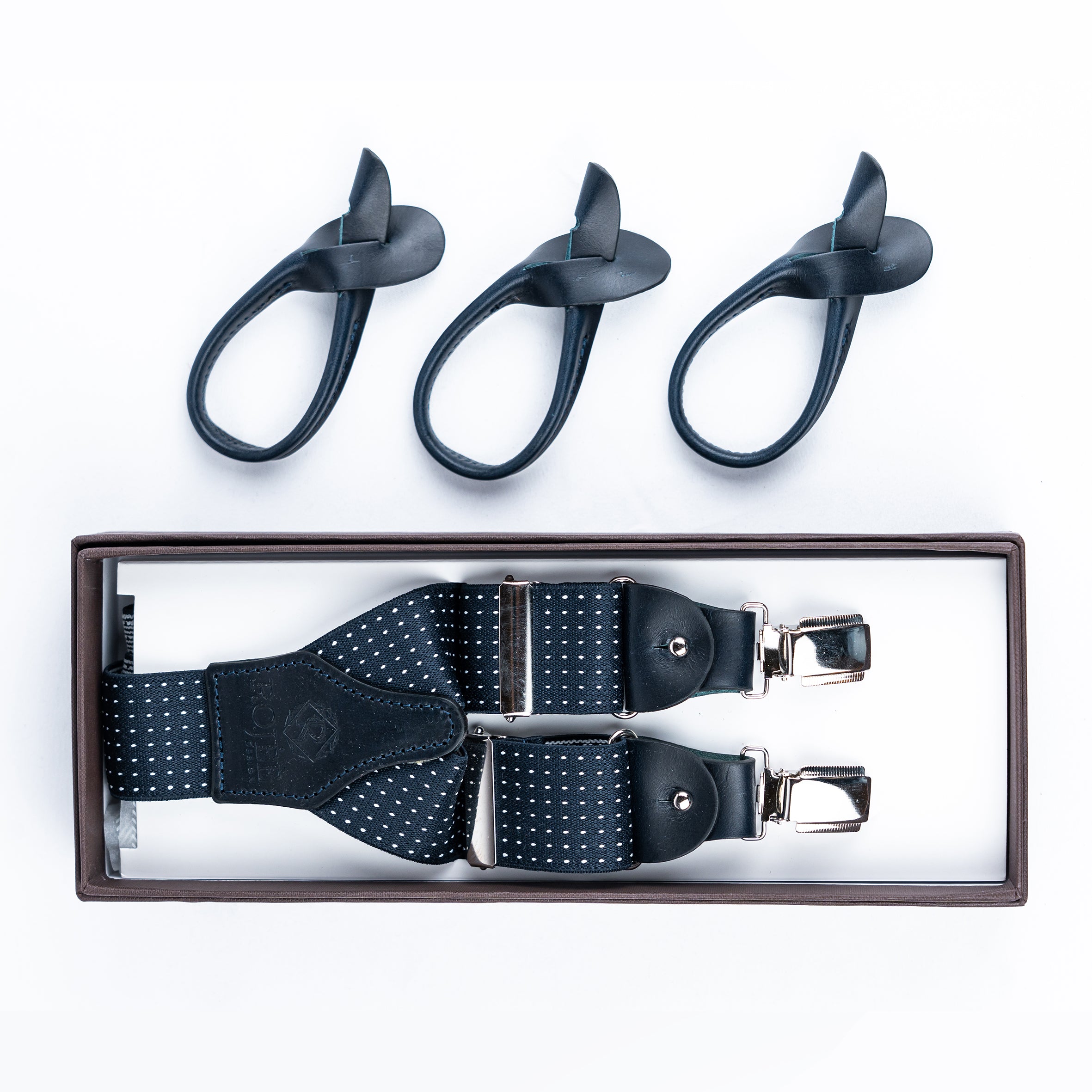 Hosenträger von Rojèè Design – Made in Italy Blau mit Punkte
