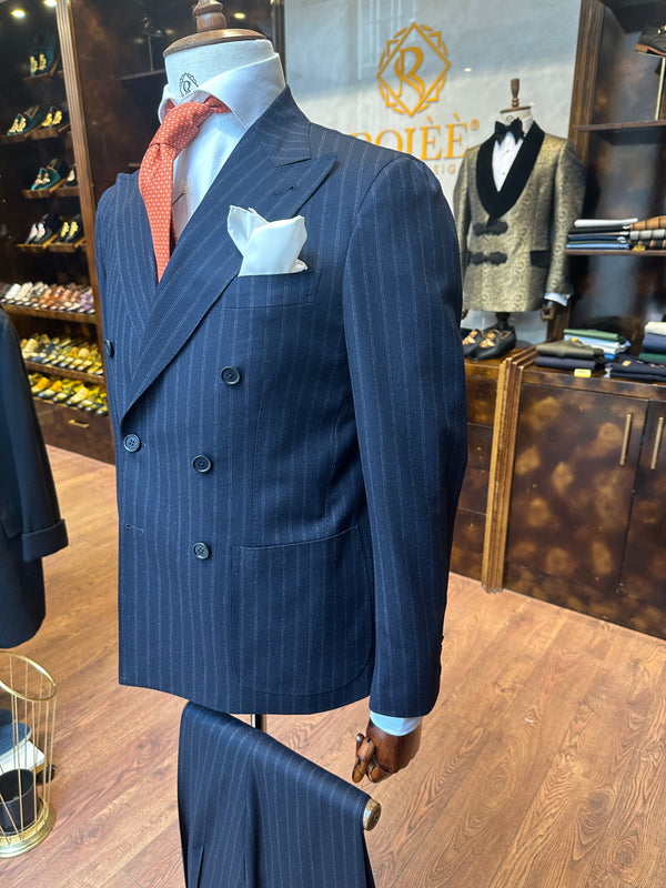 Suit Double Breasted Navy Blue with White Pinstripes