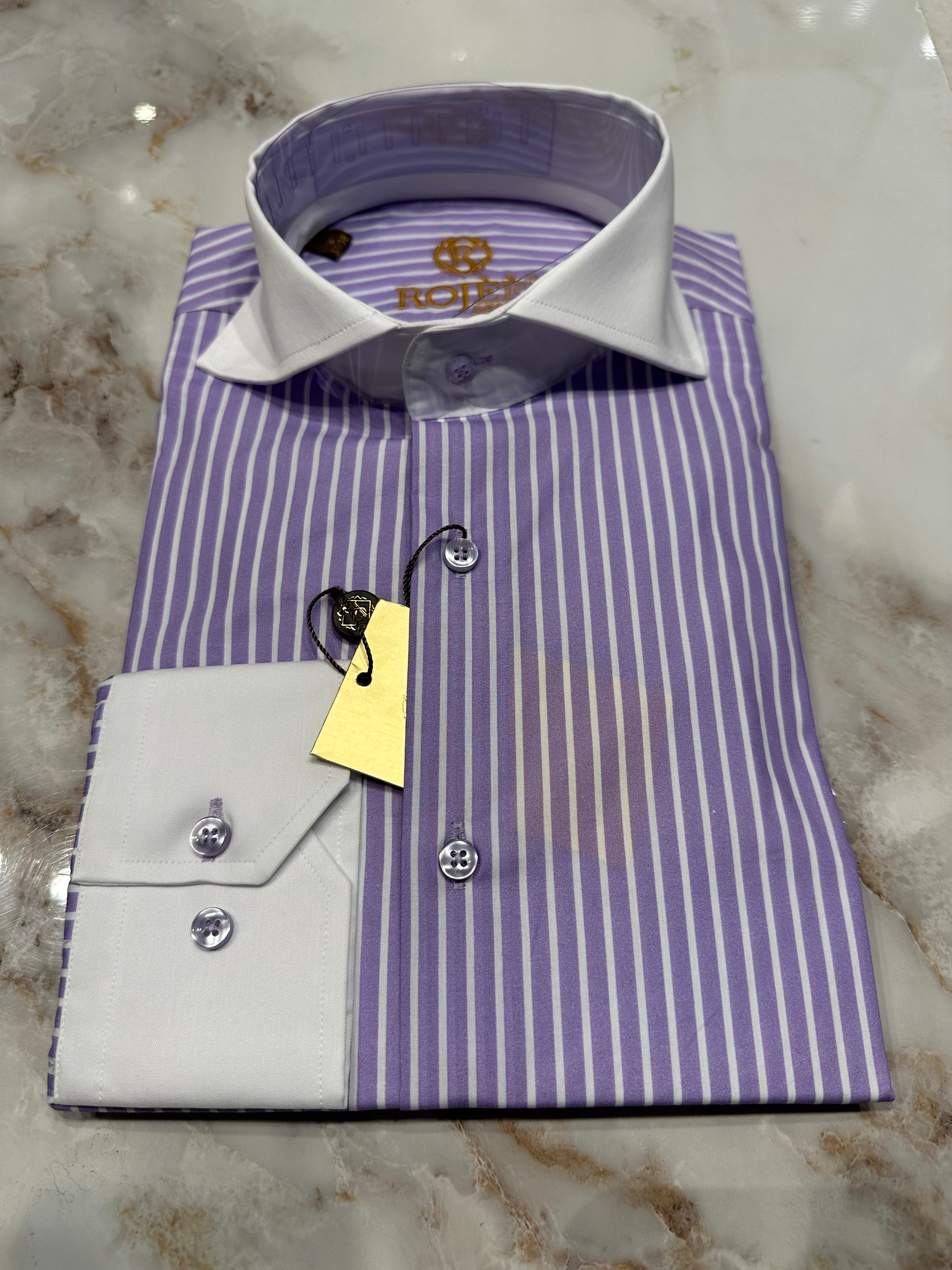Purple - White Striped Shirt / Shark / Pointed Collar