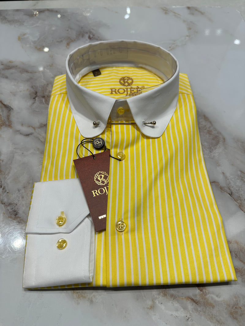 Yellow and white striped shirt with white collar / shark / pointed collar